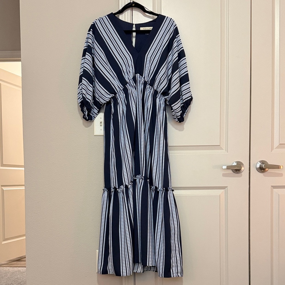 Taylor Navy and White Long Sleeve Dress